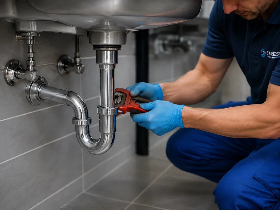Technician repairing plumbing beneath a sink