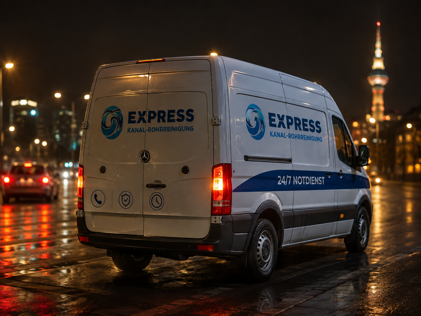 Emergency pipe cleaning service vehicle at night
