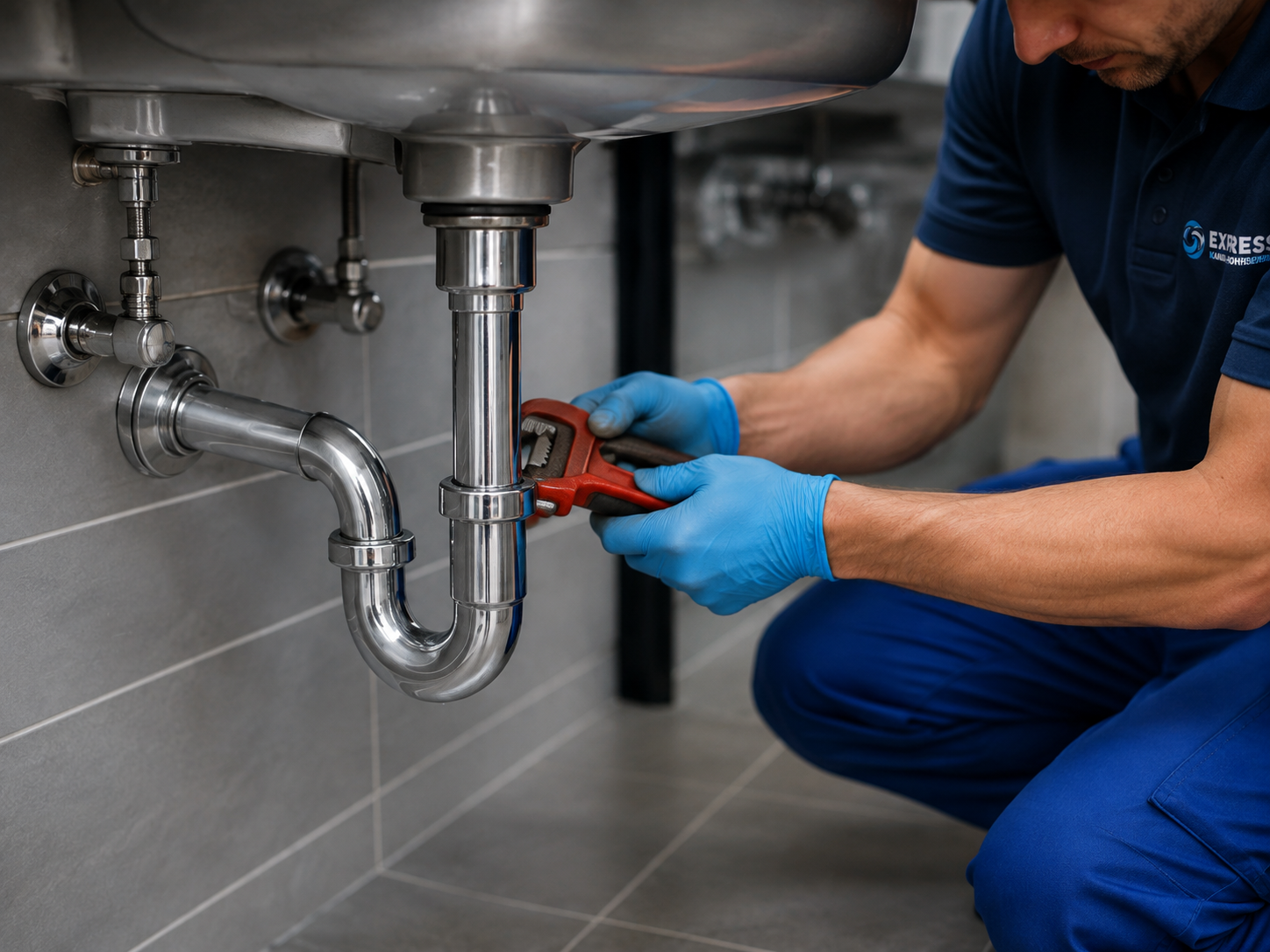 Plumbing work beneath a bathroom sink